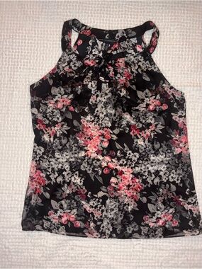 White House Black Market Floral Tie Neck Sleeveless Blouse Size 10